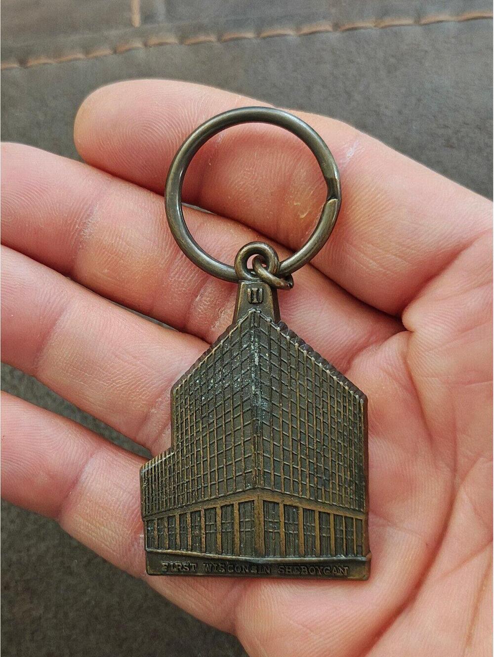70s First Wisconsin National Bank building in Sheboygan Wisconsin Brass Keychain